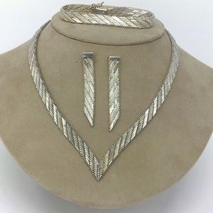 Sterling silver 925 Chevron V-Neck Necklace Earrings Braclelet Set
